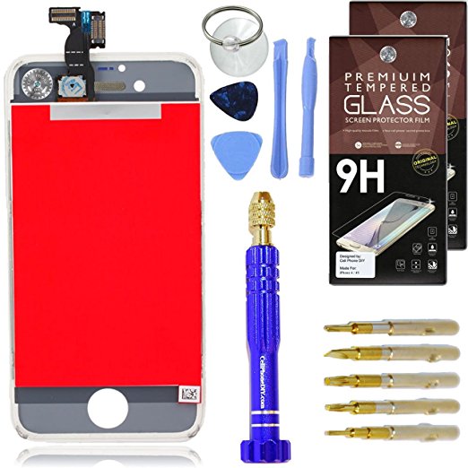 Cell Phone DIY - Premium White iPhone 4 LCD Screen Replacement & Accessory Kit - Full Assembly Front Screen [Set of 2] Screen Protectors - Professional Tool Kit