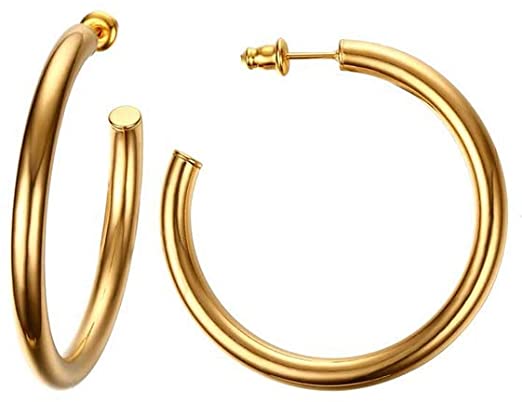 Chunky Tube Hypoallergenic Large Big Hoop Earrings for Women 14K Gold Plated Fashion Dainty Thick Classic Round Huggie Studs Open Half Hoops Lightweight Jewelry Gifts for Birthday Bff Mom