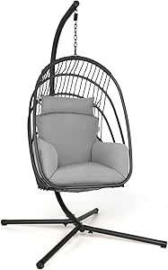 Giantex Egg Chair Hammock Stand - Hanging Swing with Stand, Folding Swinging Chair with Soft Cushion & Pillow, Wicker Rattan Hanging Chair for Bedroom,Garden, Patio Foldable Hammock Chair (Grey)