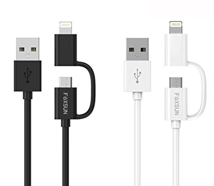 2 in 1 Lightning and Micro USB Cable,Foxsun [2 PACK 3.3ft] 2 in 1 USB Charging Cable[Apple MFi Certified]for iPhone 7 /7 plus/6 /6s/6 Plus/6s plus/5s/5c/5/SE, iPad,iPod & Samsung and More(Black&White)
