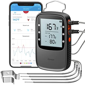 Govee Bluetooth Meat Thermometer, Wireless Grilling Thermometer, 230ft Remote App Monitoring with 4 Probes, Large Backlight Screen and Alert Notifications for Smoker, BBQ, Grill, Oven