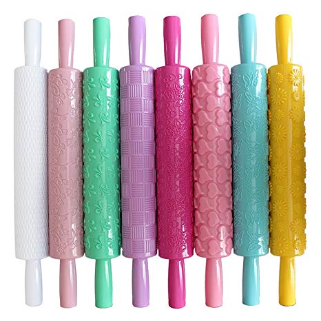 Kurtzy 8 piece Plastic Rolling Pins Non-Stick Sugar-craft Cake Decoration Colorful Fondant Pasta Roller Embossed Textured Patterned Mold DIY Lightweight RollingPin Kitchen, Baking, Cooking Accessories