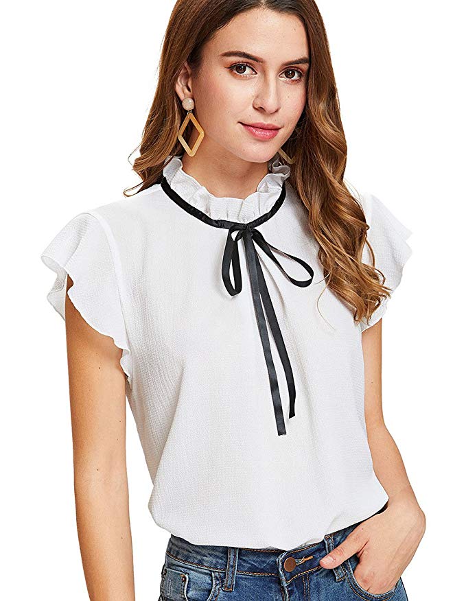 Romwe Women's Casual Cap Sleeve Bow Tie Blouse Top Shirts