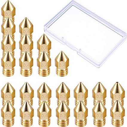 Leinuosen 24 Pack 3D Printer Extruder Nozzles MK8 Nozzle 7 Different Size 0.2 mm, 0.3 mm, 0.4 mm, 0.5 mm, 0.6 mm, 0.8 mm, 1.0 mm with Clean Box Compatible with Makerbot Creality CR-10