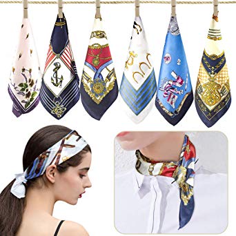 6 pcs Women's Silky Fashion Small Square Satin Scarf Mixed Neck Head Scarf Set 19.7 x 19.7 inches