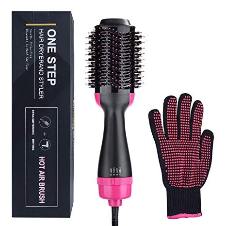 One Step Hair Dryer and Volumiser, Ionic Hair Straightener Hot Air Brush Fab Hair One Step Electric Salon Negative Ion Curly Hair Comb with Heat Resistant Glove