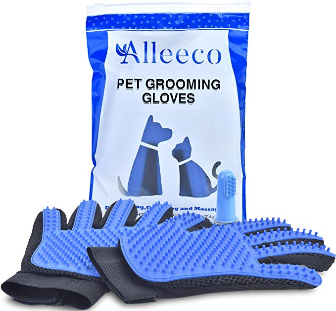 Alleeco Premium Pet Grooming Glove - Gentle Dog Cat Brush for Shedding - Five Finger Deshedding Massage Mitt - Soft Silicone Brushing Comb, Pet Hair Fur Remover - BPA Free (with Bonus)