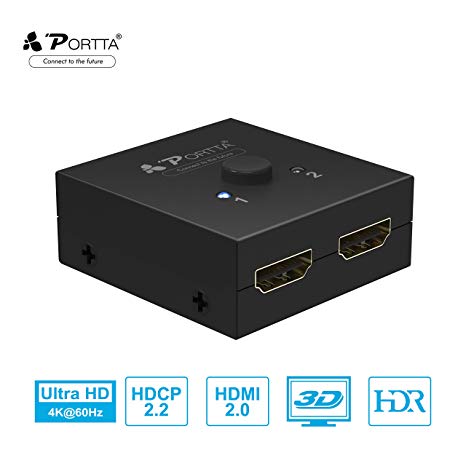 Portta 2 Ports Bi-Directional Manual Switch HDMI Switcher/Splitter 2 Into 1 or 1 in 2 Out 2 Port HDMI Hub Support v2.0 4k X 2k@60Hz Ultra HD,1080p,3D for HDTV/Game Consoles/PC