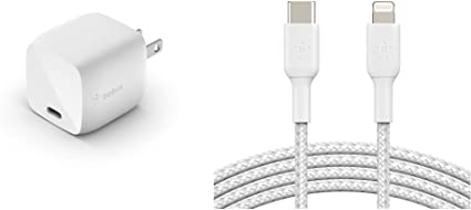 Belkin USB-PD GaN Charger 30W iPhone Fast Charger, USB-C Power Delivery (WCH001dqWH) & Braided USB C to Lightning Cable MFi Certified iPhone Fast Charger Type C 6.6FT/2M (White)