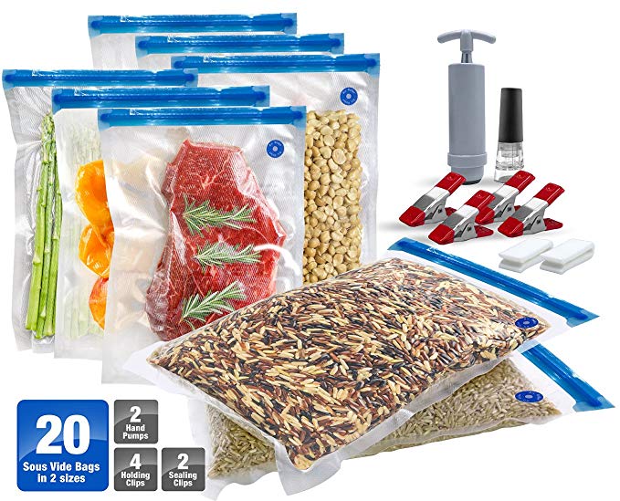 Sorbus Sous Vide Vacuum Bags for Sousvide Cookers [20 Bags] Reusable BPA Free Food Storage Sous Vide Bag Kit, 2 Pumps, 2 Bag Sealing Clips, 4 Sous Vide Clips