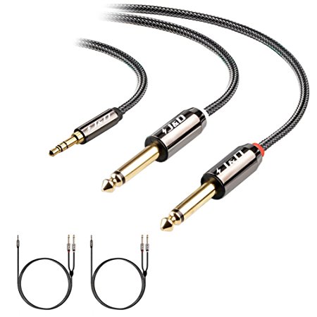 [2 Pack] J&D Gold-Plated 3.5mm 1/8" TRS Male to 2x 6.35mm 1/4" TS Male Mono Cable Splitter with Zinc Alloy Housing and Nylon Braid for iPhone, iPad, iPod, Laptop, Home Theater Devices, Amplifiers