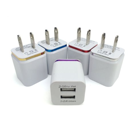 JustBid 5 x Color Metal Decorative Dual USB Wall Charger Plug Power Adapter(2A) (1A) for Iphone 6 5 5s 5c 4S, Ipad 2 3 4, Ipad Mini, Ipod Touch, Ipod Nano, Samsung Galaxy S5 S4 S3 Note 2 3 And Most Android Phones Golden Silver Blue Red Purple
