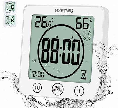 GXSTWU Digital Bathroom Clock Shower Timer with Alarm, Waterproof Clocks for Bathroom Kitchen Timer Clocks Thermometer Hygrometer Wall Clock with Suction Cup Hanging Hole Stand Magnet (2packs)
