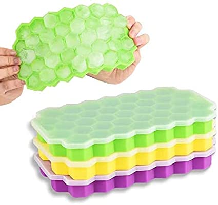 Ice Cube Trays with Lids,3 Pack Food Grade Silica Gel Flexible Ice Trays with Removable Lid,BPA Free Ice Cube Trays for Whiskey Storage,Cocktail,Beverages(Green&Purple&Yellow)