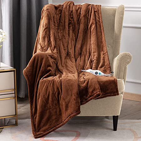 DoWin Heated Blanket Electric Throw - Soft Plush Fleece Flannel Heating Warming Blankets with Auto Shut Off for Couch Office Chair Lap Bed Adults Fuzzy Cozy Machine Washable 50x60 Throws Size Brown