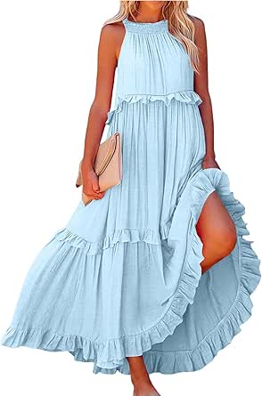 Womens Summer Sleeveless Dress Halter Tie Back Loose Flowy Ruffle Tiered Maxi Dress Beach Swing Long Dresses Sundress