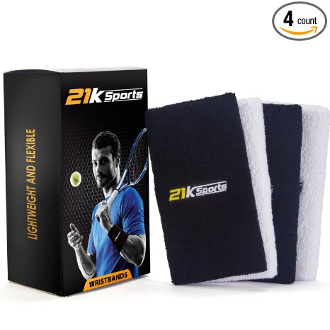Tennis Wristband- Set of 4- Sweatband for Sports- 6 Inch Long Wristband for Sweat Absorption, Premium Quality and Lasting Durability- Great For Tennis Players And Other Sports