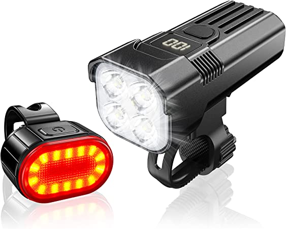Bike Lights Set, 2000 Lumen Super Bright 4 LED Bicycle Light, 6 Modes - Durable IPX65 Waterproof - USB Rechargeable, Mountain Helmet Road Cycle Headlight and Taillight Set for Men Women Kids