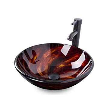Tempered Glass Vessel Bathroom Vanity Sink, Round Washing Bowl, Oil Rubbed Bronze Faucet & Pop-up Drain Combo, Artistic Basin (Red Round)