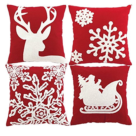 HOSL 4-Pack PSD34 Embroidery Embroidered Merry Christmas Snow Square Decorative Throw Pillow Case Sofa Car Cushion Cover 18x18-inch (Set of 4)