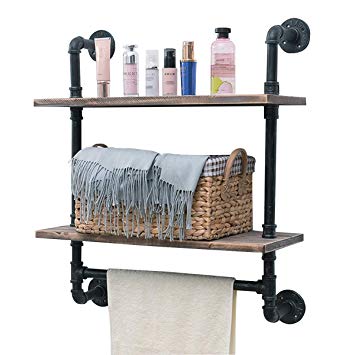 Industrial Pipe Shelf,Rustic Wall Shelf with Towel Bar,24" Towel Racks for Bathroom,2 Tiered Pipe Shelves Wood Shelf Shelving