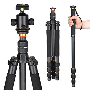 AW Professional Carbon Fiber Adjustable DSLR Camera Tripod Monopod w/ Ball Head For Travel Video Studio