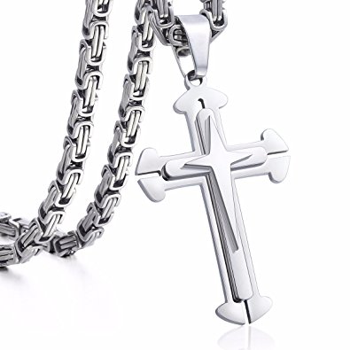 Trendsmax Jewelry Stainless Steel Cross Pendant Necklace Mens Boys Chain 5mm Byzantine Chain 22-30inch