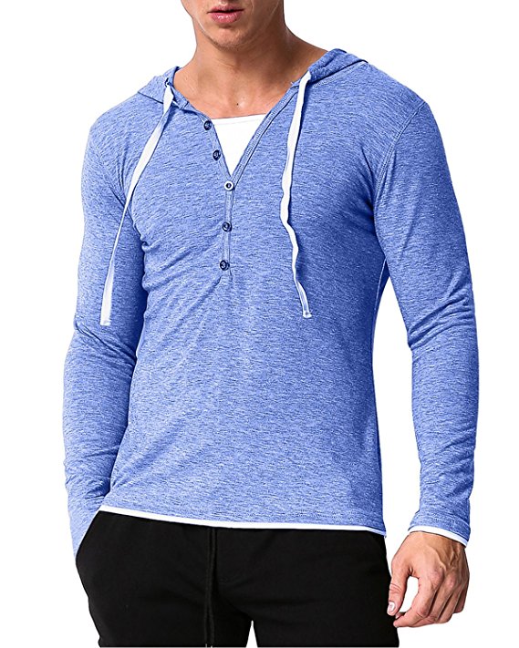 MODCHOK Men's Casual V Neck T-Shirt Long Sleeve Hoodie Sports Hooded Jacket Tops