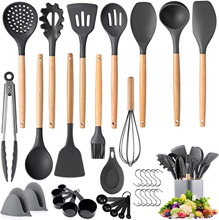 Kitchen Cooking Utensils Set, Senbowe 36 pcs Non-stick Silicone Cooking Kitchen Utensils Spatula Set with Holder,Wooden Handles, Non Toxic Silicone Turner Tongs Spoon Kitchen Gadgets Utensil Set