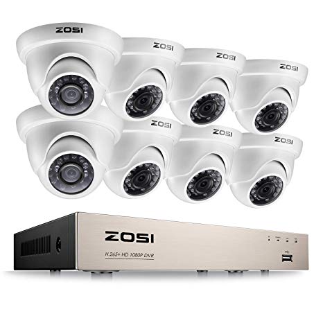 ZOSI 8CH Security Surveillance System H.265  1080P 4 in 1 HD DVR and 8pcs 1080P HD Weatherproof CCTV Dome Cameras System,Night Vision,Easy Remote Access,NO Hard Drive