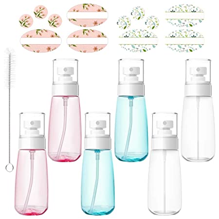 Eathtek 6Pcs 100ml 3.4oz Empty Travel Spray Bottles, Fine Mist Hair Spray Bottle for Essential Oils, Plastic Refillable Travel Containers for Cosmetic Perfume and Lotion with 1 Brush and 12 Labels