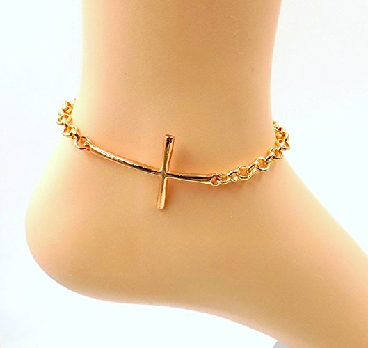 Sideways Cross Anklet - Rose Gold -plate Ankle Bracelet- Spiritual - Religious -Sizes 8-11