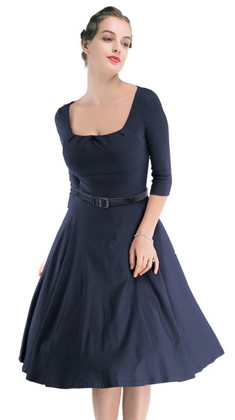 MUXXN® Women's 1950s Vintage 3/4 Sleeve Pleated Scoop Neckline Swing Cocktail Dress