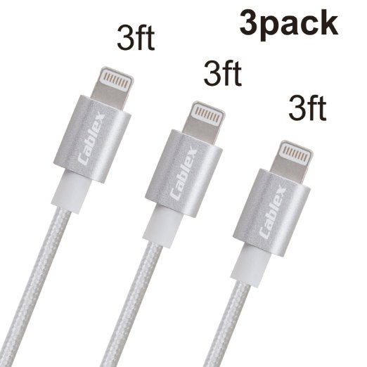 CablexTM 3Pack 3FT Nylon Braided 8 Pin Lightning to USB Charging Cable Cord with Aluminum Connector for iPhone 66s6 plus6s plus 5c5s5 iPad AirMini iPod NanoTouchSilver
