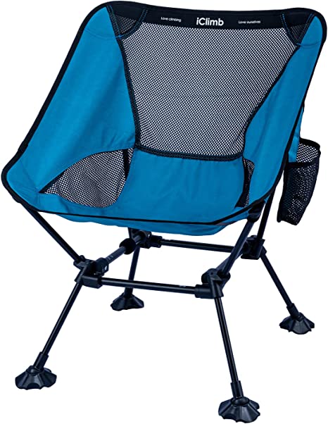 iClimb Ultralight Compact Camping Folding Beach Chair with Anti-Sinking Large Feet and Back Support Webbing (Blue - Square Frame)