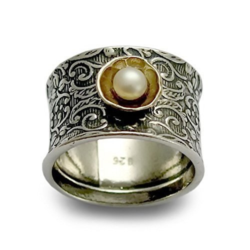 Wide Floral Silver band, Sterling silver filigree band with yellow gold and pearl, June birthstone, Bridal Jewelry, Vintage Statement Ring