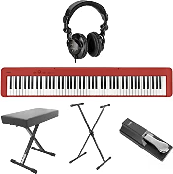 Casio CDP-S160 88-Key Compact Digital Piano Keyboard with Touch Response, Red Bundle with H&A Studio Headphones, Stand, Bench, Sustain Pedal