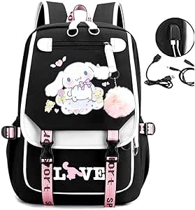 Girls Backpack,Anime Backpacks Casual Cute Cartoon Travel Backpack Indoor Outdoor with Usb Charging Port，Black Pink