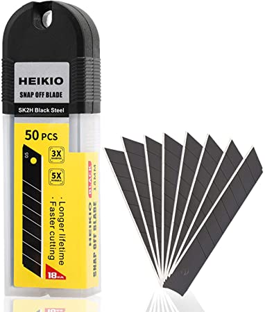 18mm Snap-Off Blades 50-Pack by HEIKIO, Quality Black Carbon Steel, Sharper, Replacement Blade for 18mm Box Cutter & Utility Knife