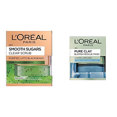 L’Oreal Paris Smooth Sugar Clear Kiwi Face, 50 ml and Lip Scrub with 3 Pure Clays and Marine Algae Blemish Rescue Mask Bundle, 50 ml Bundle