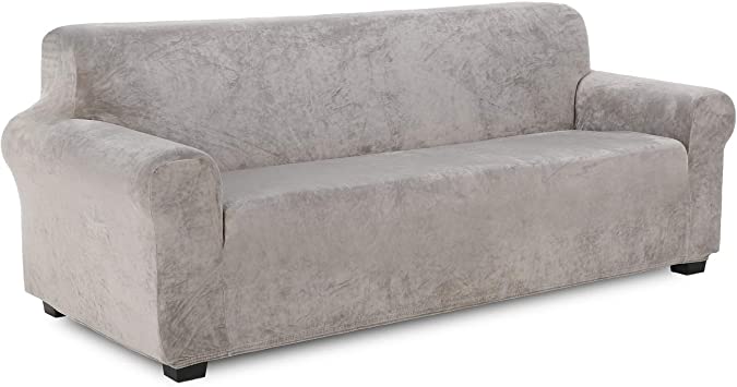 TIANSHU Velvet XL-Sofa Furniture Cover Plush Stylish Sofa Slipcover Stretch Furniture Protector 1-Piece Stretch Sofa Cover for 4 Seater Cushion Couch Extra Large Sofa Covers(XL Sofa,Light Gray)
