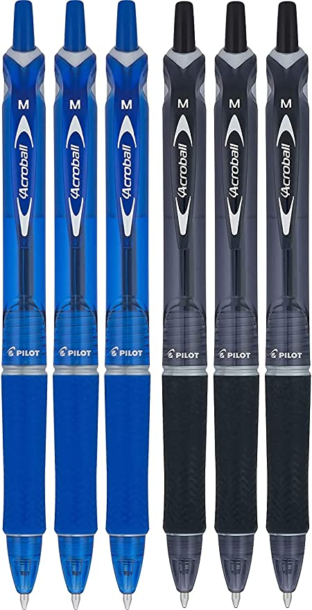 PILOT Acroball Colors Advanced Ink Refillable & Retractable Ball Point Pens, Medium Point, 6 Pack-3 Black-3 Blue