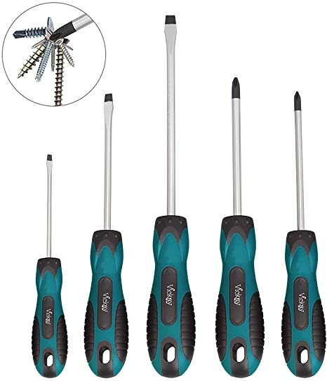 Magnetic Screwdriver Set,5 Pieces Slotted and Phillips Screwdriver with Ergonomic Comfortable Non-skid Handle,Permanent Magnetic Tips,Rust Resistant Heavy Duty Craftsman Toolkit For Wet, Oily Hand (Viridian Green)