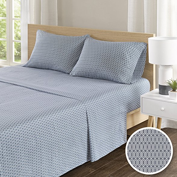 Comfort Spaces -Hypoallergenic Printed Diamond Pattern 100% Cotton Sheet Set - 4 Piece - Blue - King Size - Includes 1 Fitted Sheet, 1 Flat Sheet and 2 Pillow Cases