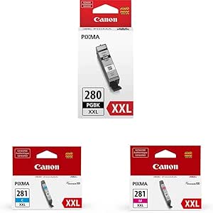 Canon PGI-280 XXL Pigment Black Ink Tank, Compatible to: TS8120, TS6120, TR7520, TR8520, TS9120, TS8120 CLI-281XXL Cyan & Canon CLI-281 XXL Magenta