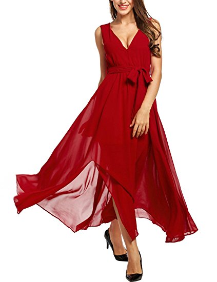 Beyove Chiffon Maxi Wrap Dress Women Vintage V Neck Tie-Waist Split Long Dress