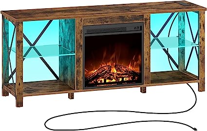 Rolanstar Fireplace TV Stand 55" with LED Lights and Power Outlets, Entertainment Center with Adjustable Glass Shelves, TV Console for 32" 43" 50" 55" 65", Rustic Brown