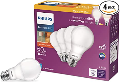 Phillips LED 548396 Dimmable A19 Light Bulb with Warm Glow Effect 800-Lumen, 2200-2700 Kelvin, 8.8-Watt (60-Watt Equivalent), E26 Base, Frosted, Soft White, 4-Pack, Title 20 Compliant