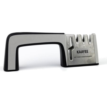 Knife and Scissors Sharpener - by KAAYEE. Best Choice for Sharpening Kitchen Knives and Scissors with 4 Sharpening Stages and Ergonomic Design in Stylish Black.