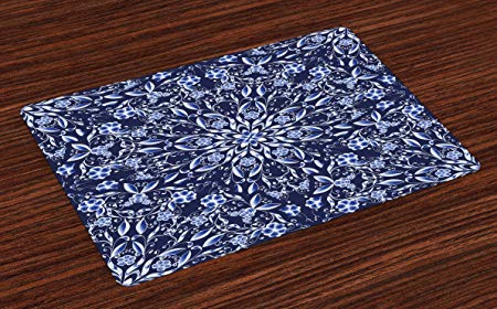 Ambesonne Dark Blue Place Mats Set of 4, Chinese Painting Style Artwork Traditional Floral Interlace Print, Washable Fabric Placemats for Dining Room Kitchen Table Decor, Dark Blue Royal Blue White